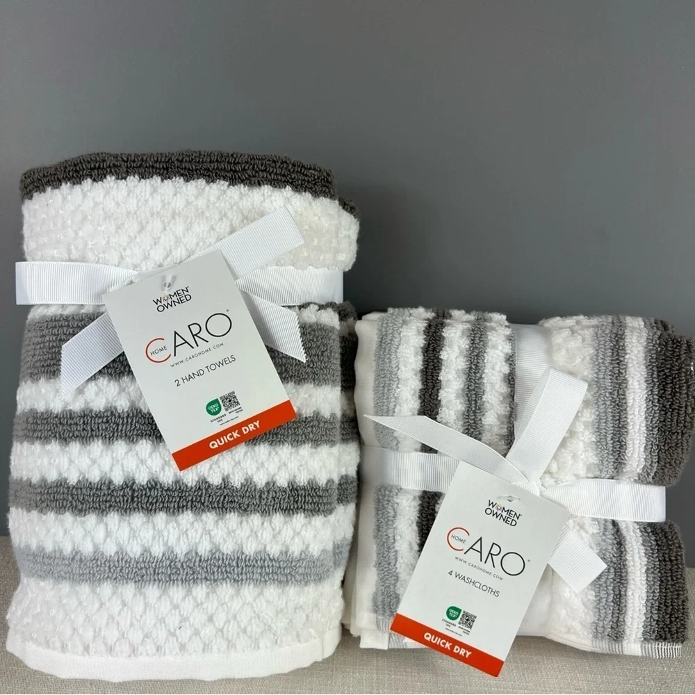 Set of 6 Caro Home 2 Hand Towels 4 Washclothes Gray White Stripes Cotton NEW